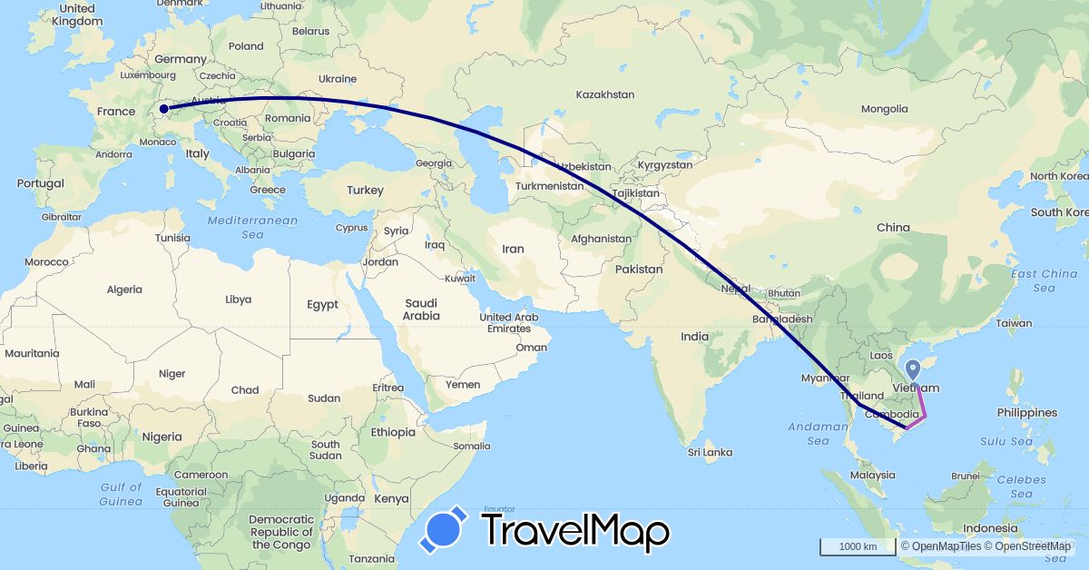 TravelMap itinerary: driving, cycling, train in Switzerland, Thailand, Vietnam (Asia, Europe)